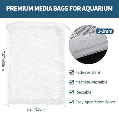 10 Pack 7.8 x 5.9 Inch Media Bags for Aquarium, Aquarium Filter Media Bags with Zipper, Fish Tank Fine Mesh Bag for Carbon, Bio Balls, Ceramic Rings, Volcano Rock(White)