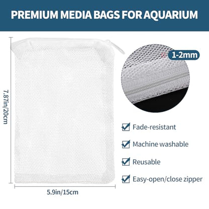 10 Pack 7.8 x 5.9 Inch Media Bags for Aquarium, Aquarium Filter Media Bags with Zipper, Fish Tank Fine Mesh Bag for Carbon, Bio Balls, Ceramic Rings, Volcano Rock(White)