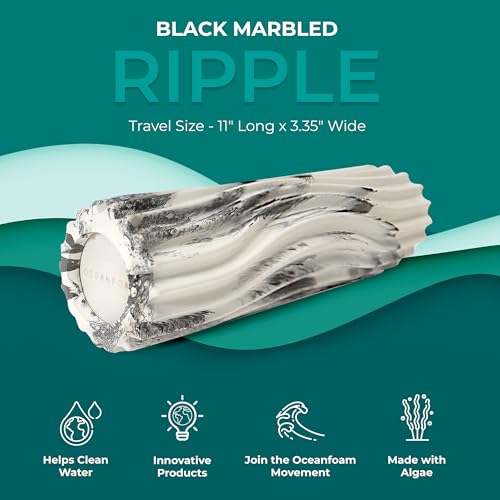 Oceanfoam Ripple Travel Foam Roller (11" x 3.35") Firm Mini Foam Roller for Physical Therapy, Deep Tissue Massage, Back Pain - High Density, Ergonomic Wave Textured - Yoga, Exercise (Black Marbled) - color: Black Marbled