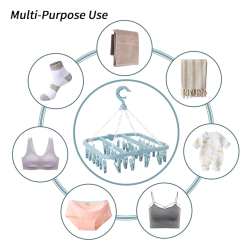 Laundry Drying Rack with 32 Clips, Foldable, Light Blue - color: Light Blue