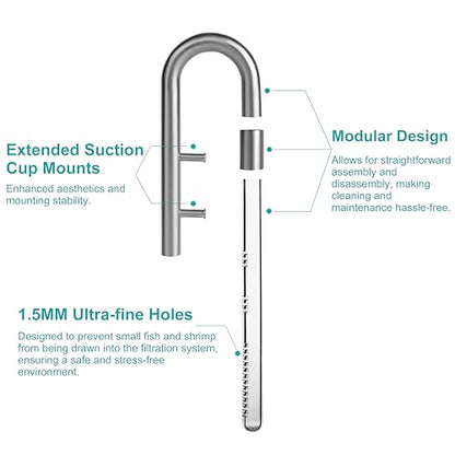 Stainless Steel Lily Pipe Set – Hybrid Steel & Detachable Glass Outflow with Skimmer, Glass Multi-Level Inflow, 360° Flow Control, Fish & Shrimp Safe (13mm for 1/2'' i.d. (12/16 mm) tubing)