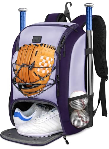 MATEIN Youth Baseball Backpack, Softball Bat Bag with Shoes Compartment | Lightweight Baseball Bag for Boys and Adult, Fence Hook Hold TBall Bat, Batting Mitten, Helmet, Caps, Teeball Gear Equipment - color: Purple, size: 47L