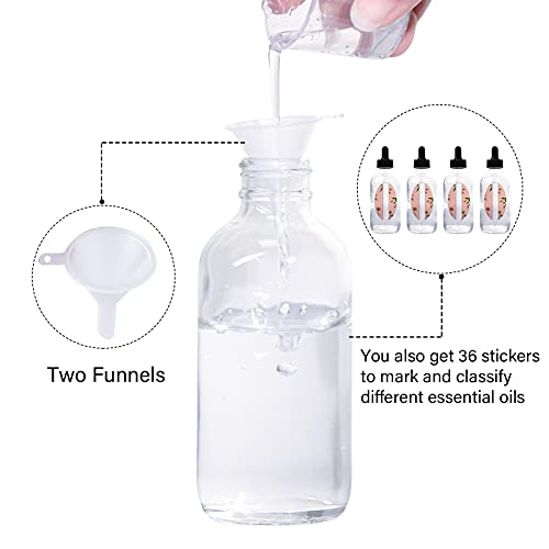 24 Pack 4oz Clear Glass Bottles with Glass Eye Droppers for Essential Oils, Perfumes & Lab Chemicals (2 Brushes, 2 Funnels, 2 Extra Droppers, 36 Pieces Labels & 30ml Measuring Cup Included) - color: Clear