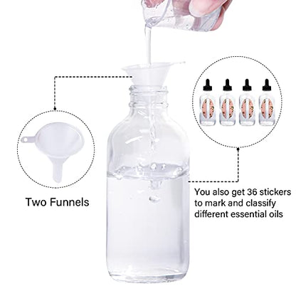 24 Pack 4oz Clear Glass Bottles with Glass Eye Droppers for Essential Oils, Perfumes & Lab Chemicals (2 Brushes, 2 Funnels, 2 Extra Droppers, 36 Pieces Labels & 30ml Measuring Cup Included) - color: Clear