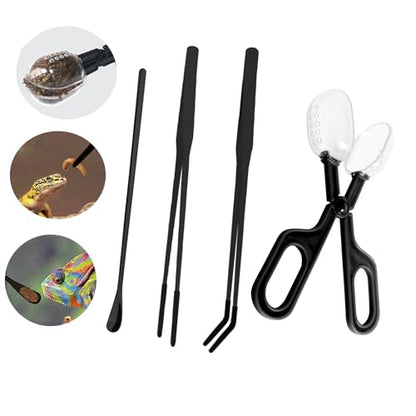 Reptile Long Handle Feeding Tools,2Pcs Aquarium Tweezers with Rubber Tip, 1Pcs Spoon & clamp,Terrarium Aquascape Tools Feeder for Lizards, Bearded Dragon Snake Tank Accessories