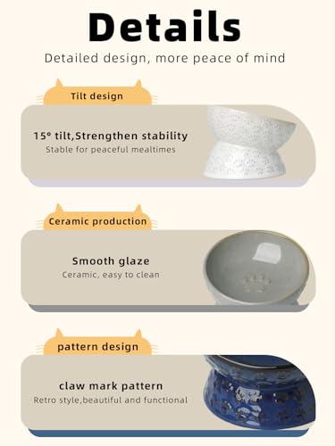 Ceramic Cat Food Bowl, 15°Tilted Raised Cat Food Bowl 5oz (Vintage White)