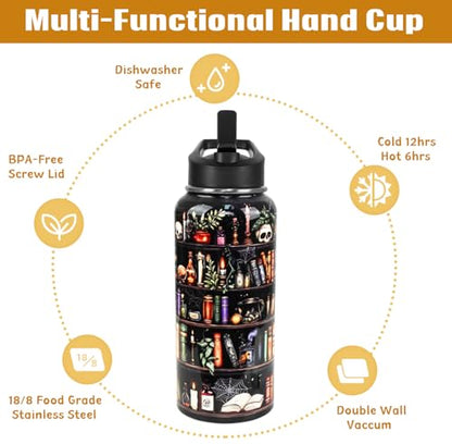 Bookshelf Water Bottle with Straws Halloween Skull Goth Insulated Bottles Travel Thermal Double Walled Vacuum Cup Leak Proof Tumbler Gifts for Readers,Reading,Bookish,Librarian-32 oz - color: black books