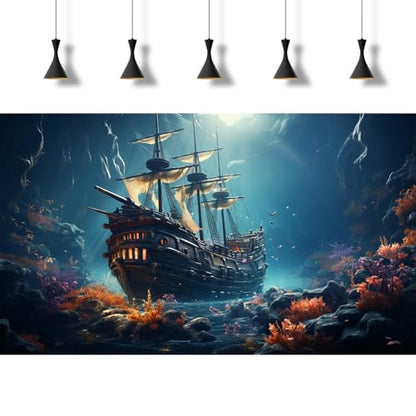 Sunken Ship Aquarium Background Undersea Pirate Shipwreck Fish Tank Background Tropical Coral Reefs Ocean Seabed seascape Reptile Tank Backgrounds Tropical Marine Life Terrarium Backgrounds 48x18in