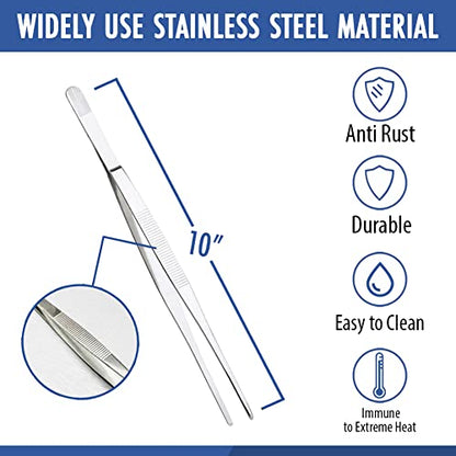 Stainless Steel Tweezers Straight Tip 10 inch, Durable Lightweight Garden Feeding Aquatic Plants Forceps Tongs with Comfortable Ridged Long Handle for Crafting Cooking Aquariums Repairing All-Purpose