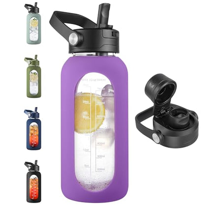 CIVAGO 32 oz Glass Water Bottle with Detachable Straw and Time Maker - color: Lilac, size: 32 Ounces