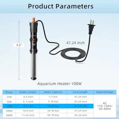 Aquarium Heater 25W/50W/100W/200W/300W, Adjustable Knob Fish Tank Heater with Digital Thermometer, Submersible Betta/Turtle Tank Heater for Freshwater and Saltwater Tanks - size: 100W for 10-30 gallon