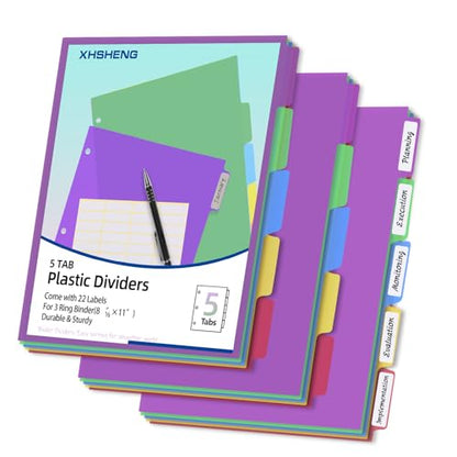 3 Set Dividers for 3 Ring Binders,5 TAB Binder Dividers,Plastic, Multicolor Binder separators with tabs
