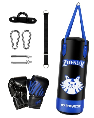 Kids Punching Bag with Gloves - PU Leather & Adjustable Height Strap - Boxing Bag Set for 3-8 Years Kids Great for Boxing, MMA, Kickboxing - color: Blue-Unfilled