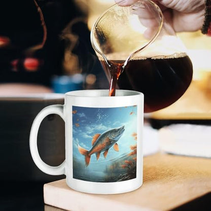 11oz White Ceramic Coffee Mug Funny Safflower Flying Fish Tea Cup Microwave & Dishwasher Safe, Lead-Free for Home Office Daily Use & Gifting - color: Safflower Flying Fish