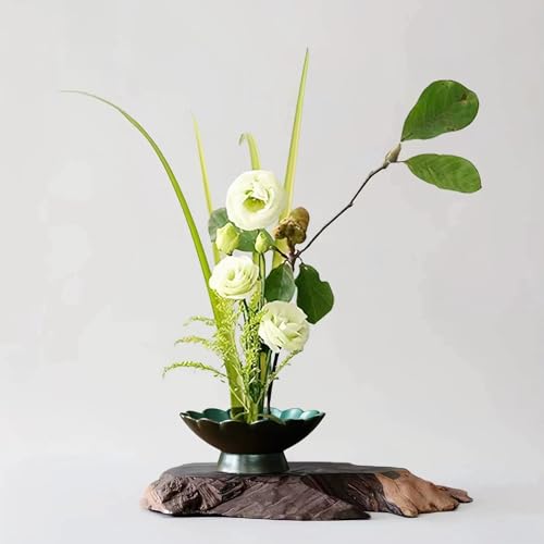 WEOPYCJ Japanese Ikebana, Lotus Shaped Ceramic Bowl Vase, Flower Arranging Supplies Kit with 2pc Round Floral Frog 1 Scissors 1 Kenzan Straightener