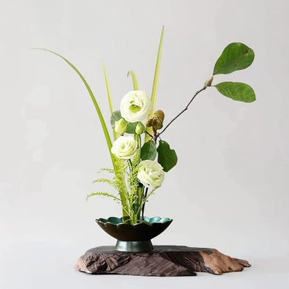 WEOPYCJ Japanese Ikebana, Lotus Shaped Ceramic Bowl Vase, Flower Arranging Supplies Kit with 2pc Round Floral Frog 1 Scissors 1 Kenzan Straightener