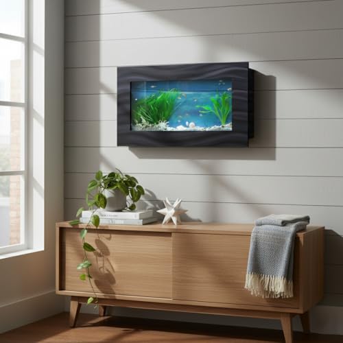 3.0 Wall Mounted Fish Tank Kit with LED Lighting, Built-in Filter System, Modern Space-Saving Design, Complete Accessories Set (Skyline, Black)