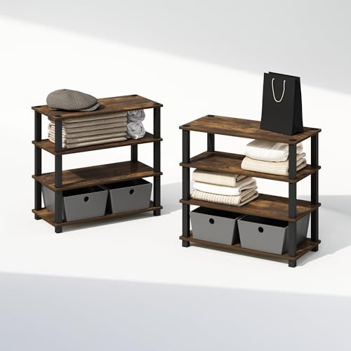 Furinno Turn-N-Tube Storage Shelves Set of 2, 4-Tier Stackable Standing Shelf, Open Corner Shelf, for Organization and Storage, Living Room, Garage, Home Office, Amber Pine - color: Amber Pine/Black, size: 2-Pack, 4-Tier