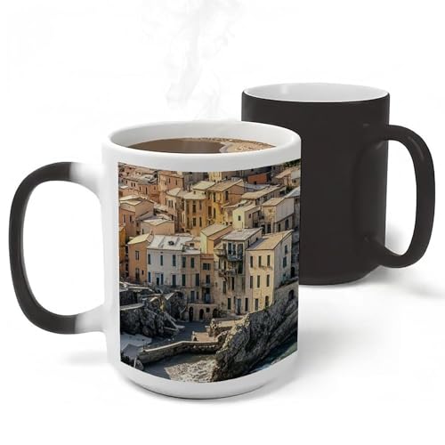 Fishing Village Ceramic Color Changing Mug Heat Transforming Activated Mug 11 Oz Heat Changing Sensitive Tea Cup Magic Novelty Coffee Cup Drinkware Home Kitchen Gift