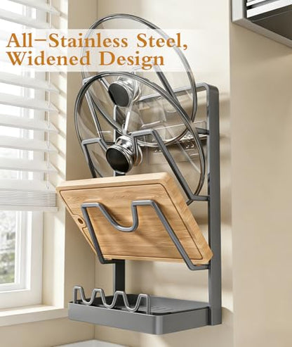 3-Tier Stainless Steel Pot Lid Holder, Grey | Extra Wide U-Shaped, Removable Drip Tray, No Plastic Silver, Fits Lids Up to 12 Inches - color: Grey
