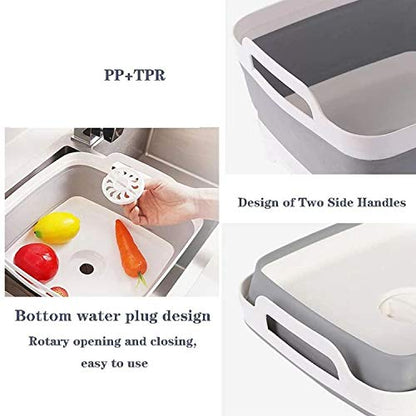 9L (2.4Gal) Dish Basin Collapsible with Drain Plug Carry Handles,Kitchen Storage Tray Dish Wash Basin, Portable Dish Tub, Foldable Dishpan for Camping,RV,Gray - color: Gray