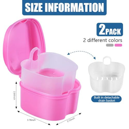 KISEER 2 Pack Colors Denture Bath Case Cup Box Holder Storage Soak Container with Strainer Basket for Travel Cleaning (White and Pink) - color: White and Pink