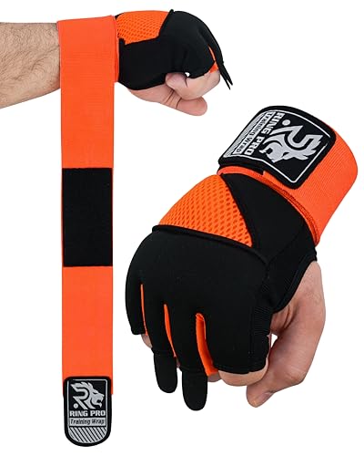 Gel Boxing Hand Wraps Inner Gloves, Quick Slip-On Padded Knuckle Protection with Wrist Support, Elastic Training Wraps for MMA, Muay Thai, Kickboxing & Heavy Bag, Men & Women - color: Black/Orange, size: X-Large