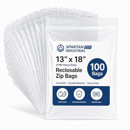 Spartan Industrial - 13” X 18” (100 Count) 4 Mil Thick Clear Reclosable Zip Plastic Poly Bags with Resealable Lock Seal Zipper - Heavy Duty and Durable - size: 13" X 18"