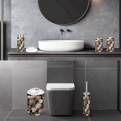 Bathroom Accessory Set 6 Piece Peony Roses Black White Stripes Flowered Trash can, Toothbrush Holder, Toothbrush Cup, Soap Dispenser, Soap Dish, Toilet Brush Holder - color: Color2