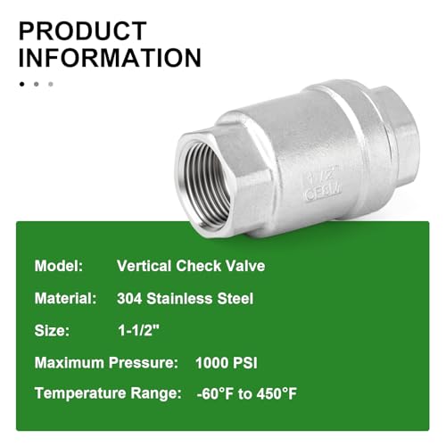 1PCS 304 Stainless Steel 1-1/2" Female Vertical Check Valve，Backflow Prevention, One Way Spring Check Valves CF8 WOG 1000 - size: 1-1/2"(Vertical)
