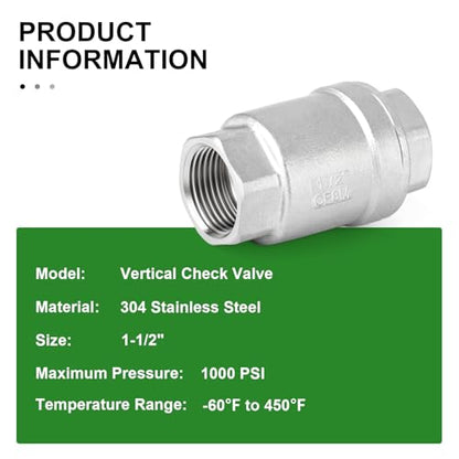 1PCS 304 Stainless Steel 1-1/2" Female Vertical Check Valve，Backflow Prevention, One Way Spring Check Valves CF8 WOG 1000 - size: 1-1/2"(Vertical)