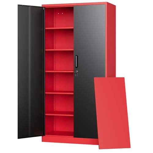 Metal Garage Storage Cabinets with Lock, 71" Tall Locker Organizer Steel Tool Cabinets,5 Adjustable Shelves 2 Doors for Home Office, Warehouse,Garage,Industrial,Employee (Black Red) - color: Black Red, size: 71 X 32 X 16 In(H X W X D)
