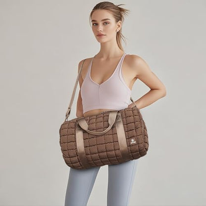 Quilted Gym Bag for Women,Duffle Bag for Travel with Wet Pocket,Carry on Weekender Bags for Women,Travel Bag with Shoe Compartment(Brown) - color: Brown