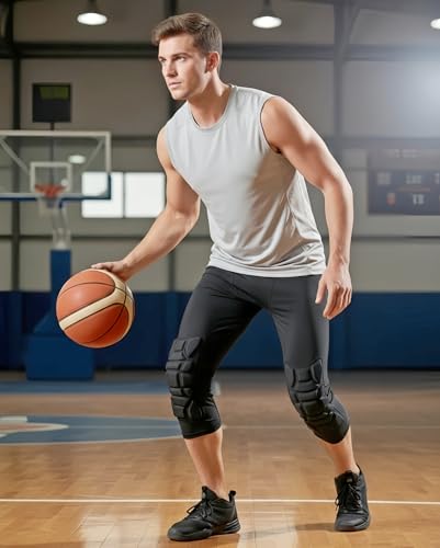 Topeter Men's Compression Capri Leggings with Knee Pads & Cup Pocket for Basketball, Running - size: Large