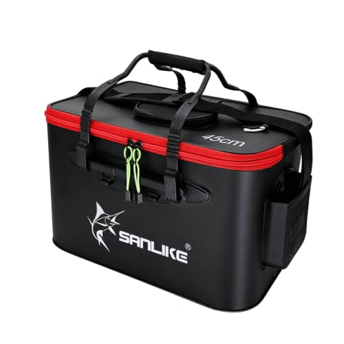 SANLIKE Foldable Live Fish Bucket, EVA Fishing Bait Bucket, 35/40/45CM Collapsible Fish Container, Leakproof Livewell for Kayak Boat Bank Fishing, Black/Army Green - color: Black-45cm