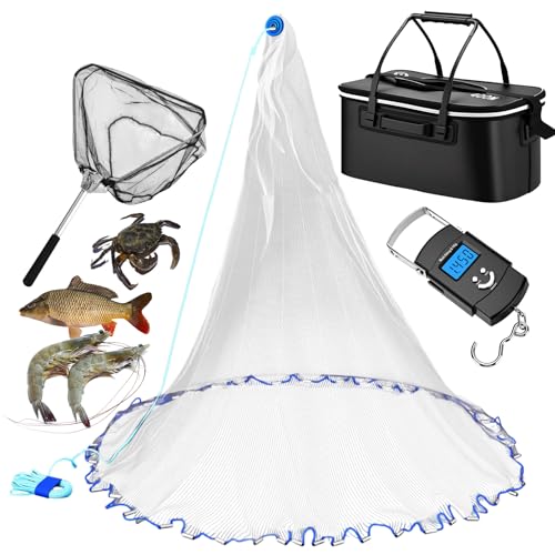 Set of 4 Saltwater Fishing Cast Net, Foldable Fish Bucket, Folding Fishing Landing Net, and 110lb Digital Scale, 6 Gallon Live Fish Bait Bucket - color: Black, size: 4ft