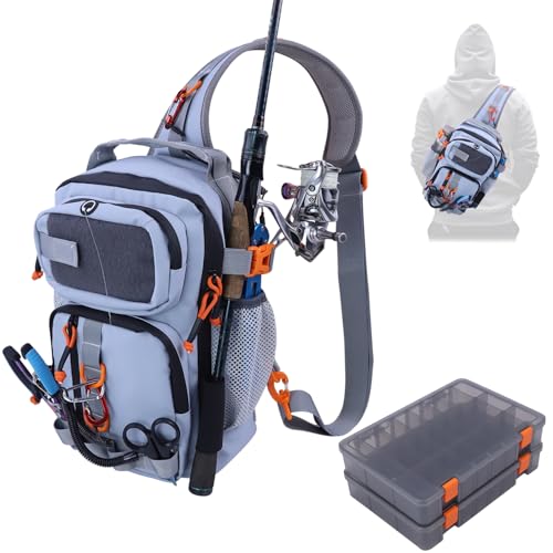 Fishing Backpack Tackle Storage Bag with 2 Tackle Boxes,Lightweight Outdoor Water-Resistant Fishing Shoulder Bag with Rod Holder-Store Fishing Gear for Fishing(Grey) - color: Grey