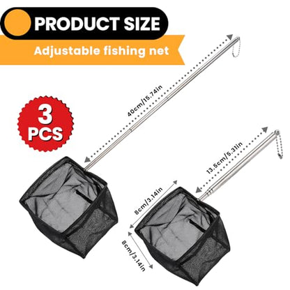 3 Pcs Fish Net for Fish Tank, 3 Inch Fine Mesh Aquarium Net with 5.3-15.7 Inch Stainless Steel Long Handle, Fine Mesh Nylon Fishing Nets for Fish Shrimp Tank, Pond, Creek