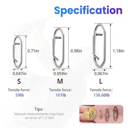Power Fishing Clip - Fishing Speed Clips 50Pcs Stainless Steel Quick Change Connector,Link Split Rings Snaps for Lures Saltwater Size S# M# L#