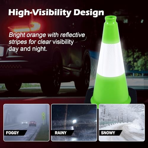 8 Pack 18 Inch Green PVC Traffic Cones Black Base Stable Durable, Parking Lot Driveway School Training Safety Cones Multi-Purpose (8, Green, 18 Inch) - color: Green, size: 18 Inch