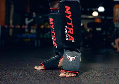 Mytra Fusion Shin Pads Instep Protector Kick Boxing Muay Thai Training Elasticated shin Guards - color: Black, size: Large-X-Large