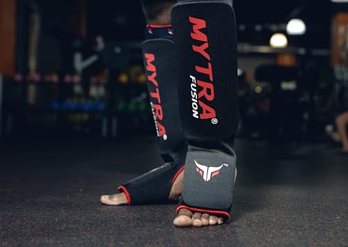 Mytra Fusion Shin Pads Instep Protector Kick Boxing Muay Thai Training Elasticated shin Guards - color: Black, size: Small-Medium
