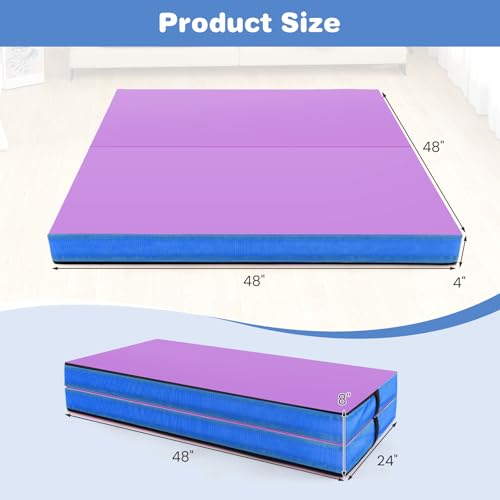 Goplus 4" Thick Folding Gymnastic Mat, Thickened Bi-Fold Fitness Mat with Carrying Handles & PU Leather Cover, Home Gym Tumbling Mat for Stretching, Pilates, Aerobics Workouts - color: Purple&Blue