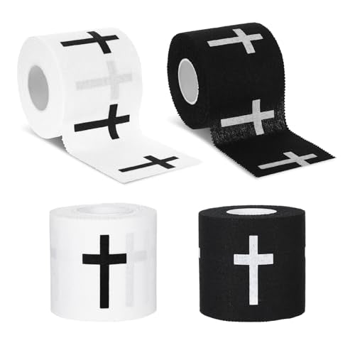 4 Rolls Wrist Tape Baseball with Cross 2in x 23ft Christian Cotton Wrist Wrap for Soccer Football Baseball Gymnastics Boxing Christian Church First Aid Injury Wrap(White+Black) - color: White+black