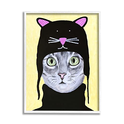 Stupell Industries Adorable Grey Cat Wearing Hat Black Turtleneck Yellow Background, Design by Coco de Paris - size: 11"L x 14"W
