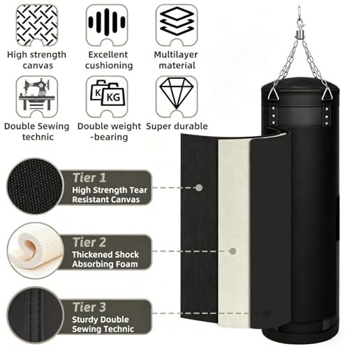 4FT Canvas Punching Bags for Adults, Hanging Heavy Boxing Bag for Kickboxing Karate Taekwondo Muay Thai Training, Max Load-Bearing 180 Lbs (Unfilled) - color: 4FT Black