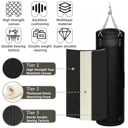 4FT Canvas Punching Bags for Adults, Hanging Heavy Boxing Bag for Kickboxing Karate Taekwondo Muay Thai Training, Max Load-Bearing 180 Lbs (Unfilled) - color: 4FT Black