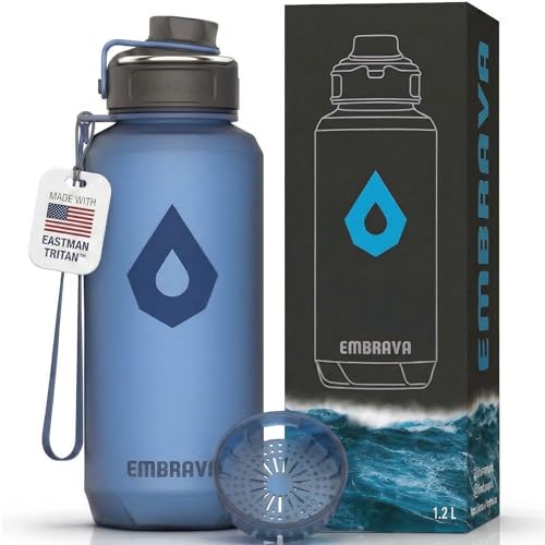 Embrava 40 oz Water Bottle - Large BPA Free Sports Bottle for Gym Hiking - Wide Mouth Leak Proof Fast Flow - Durable Reusable Tritan Plastic - Carry Ring - Sport Water Bottles for Men Women - color: Blue Frosted