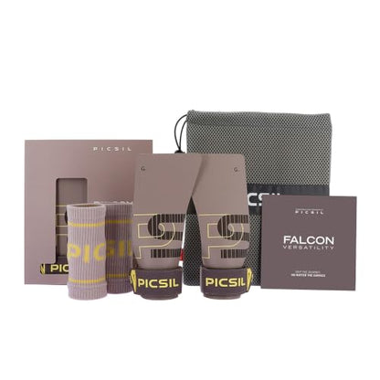 PICSIL Falcon Grips Pack, Carbon Fiber Grips, Use with Chalk | Includes professional grips, wrist wraps, and a carry bag. Ideal for functional fitness, gymnastics, and strength training. - color: Taupe, size: G+(L-XL)