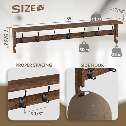 AMBIRD Coat Rack Wall Mount, 35 Inch Extra Long Wall Hooks with Hanging, Wooden Shelf with 7 Metal Hooks 2 Side Hooks, Wall Key Holder with Shelf in Entryway, Kitchen, Bathroom, Living Room, Bedroom - color: Brown, size: 7+2 Hooks 35" L
